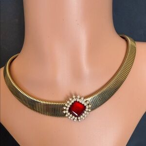 Elegant Retro Good Snake Chain Choker Red Enamel & Pearl Accent Vintage